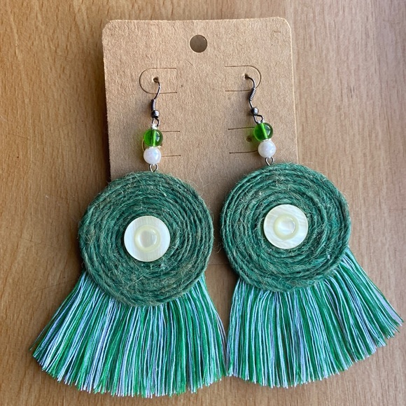 Hand Crafted Jewelry - Handmade Jute, Beads And Fringed Tassel Earrings Green Color